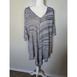 Pico Vela Oversized Knit Small V-Neck Tunic Top Gray Black Marled Boho Lagenlook